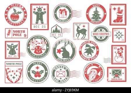 Set di francobolli natalizi. Icone o adesivi Vector retro. Insegna di vacanza o stampe per la decorazione delle buste. Collezione di Capodanno per posta al Polo Nord. Illustrazione Vettoriale