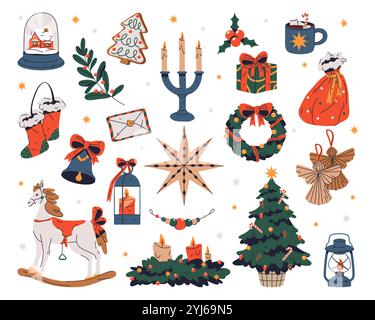 Set di abeti e decorazioni per la casa per le vacanze di Natale. Adesivi vettoriali o clip art Decorazioni per la casa di Capodanno e Natale. Articoli per le feste. Illustrazione Vettoriale