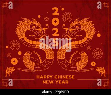 Striscione o biglietto d'auguri per le feste di Capodanno. The Year of the Wood Snake 2025. Simbolo ornamentale dello zodiaco cinese. Insegna del serpente in stile orientale inciso. Illustrazione Vettoriale