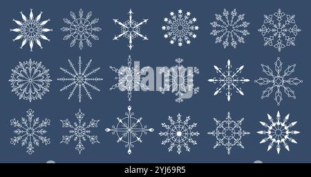 Set di icone fiocchi di neve o fiocchi di neve. Cristalli vettoriali innevati, adesivi o oggetti isolati della struttura del ghiaccio. Capodanno e decorazioni natalizie. Illustrazione Vettoriale