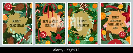 Striscioni vettoriali o biglietti di auguri per le festività invernali. Cornici natalizie con piante forestali, frutta e caramelle. Volantino di invito per la festa di Capodanno. Illustrazione Vettoriale