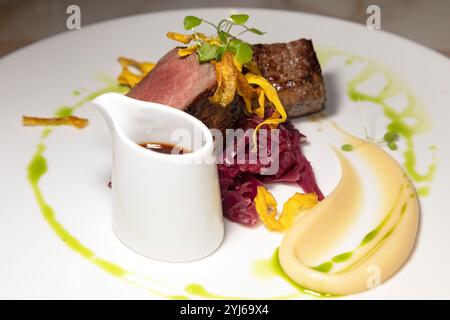 Filetto di veleno servito con pastinaca croccante, cavolo rosso brasato, purè di patate e una brocca di succo. Foto Stock