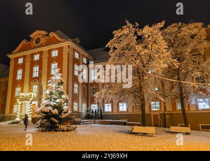 Vista serale del nuovo castello di Meersburg, Neues Schloss, stile barocco. In primo piano - una piazza coperta di neve, alberi e un albero di Natale Foto Stock