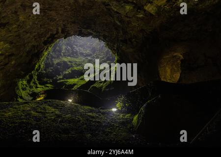 L'Algar do Carvão è un tubo lavico situato nella parte centrale dell'isola di Terceira nell'arcipelago portoghese delle Azzorre. Foto Stock