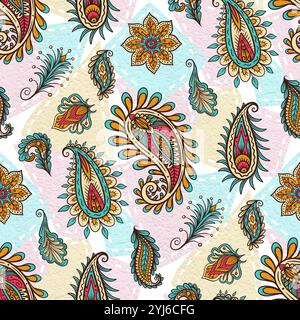 Motivo senza cuciture basato su elementi tradizionali Paisley. Stampa ornamentale disegnata a mano Foto Stock