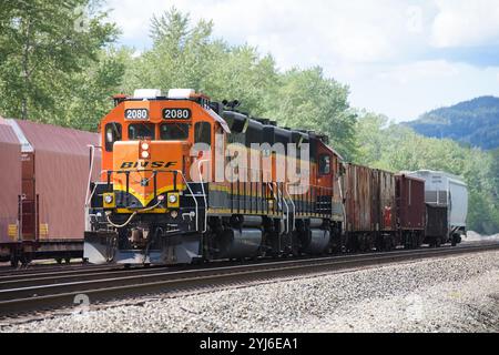 Gold Bar, WA, USA - 1° maggio 2024; il treno merci BNSF con breve treno locale consiste dietro due locomotive arancioni Foto Stock