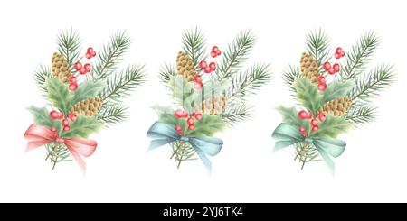 Mazzi di Natale con rami di abete, coni e bacche di agrifoglio e foglie legate con archi nei colori rosso, verde e blu. Illustrazioni isolate ad acquerello disegnate a mano per il modello di tessere di Capodanno. Foto Stock