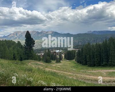 Splendida vista durante un'escursione alla stazione sciistica di Purgatory in una soleggiata giornata estiva a Durango, Colorado, Stati Uniti Foto Stock