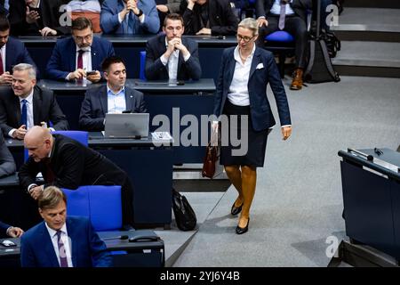 Berlino, Germania. 13 novembre 2024. I leader dell'alternativa fuer Deutschland di destra (AfD), compresa Alice Weidel (R), giungono a una sessione plenaria nella camera bassa del Parlamento, Bundestag, a Berlino, in Germania, il 13 novembre, 2024. (foto di Emmanuele Contini/NurPhoto) credito: NurPhoto SRL/Alamy Live News Foto Stock