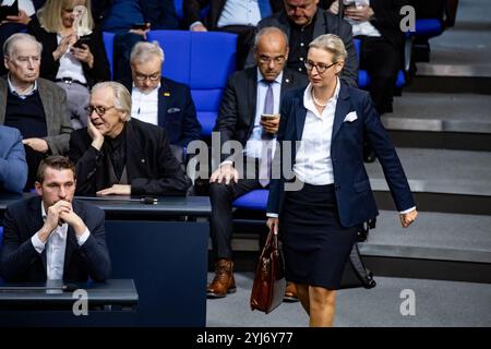 Berlino, Germania. 13 novembre 2024. I leader dell'alternativa fuer Deutschland di destra (AfD), compresa Alice Weidel (R), giungono a una sessione plenaria nella camera bassa del Parlamento, Bundestag, a Berlino, in Germania, il 13 novembre, 2024. (foto di Emmanuele Contini/NurPhoto) credito: NurPhoto SRL/Alamy Live News Foto Stock