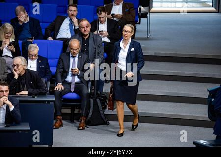 Berlino, Germania. 13 novembre 2024. I leader dell'alternativa fuer Deutschland di destra (AfD), compresa Alice Weidel (R), giungono a una sessione plenaria nella camera bassa del Parlamento, Bundestag, a Berlino, in Germania, il 13 novembre, 2024. (foto di Emmanuele Contini/NurPhoto) credito: NurPhoto SRL/Alamy Live News Foto Stock