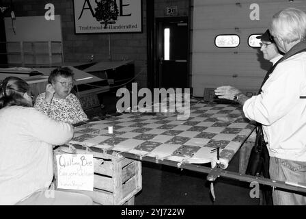 Donna caucasica di età compresa tra i 60 e i 70 anni che cucisce una trapunta al WNC Farmers Market di Asheville, North Carolina, USA. Foto Stock