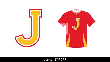 Audace lettera J gialla con contorno rosso, emblema sportivo verniciato su maglia atletica rossa. Ideale per logo di squadre sportive, marchi universitari, atletica Illustrazione Vettoriale