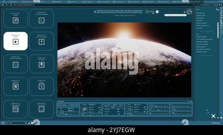 Software DI INTELLIGENZA ARTIFICIALE che trasforma i messaggi di testo in video della rotazione della Terra nello spazio. Generatore di intelligenza artificiale da testo a video che trasforma le parole in clip di pianeta che scorre nella galassia oscura Foto Stock