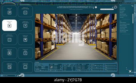 Software DI INTELLIGENZA ARTIFICIALE che trasforma i messaggi di testo in video di scatole sugli scaffali del magazzino. Generatore di intelligenza artificiale da testo a video che trasforma le parole in clip di prodotti confezionati in deposito Foto Stock