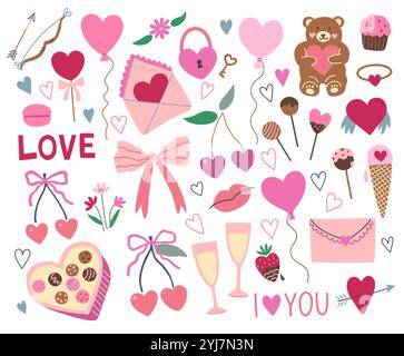 Elementi di Valentine Doodle, cuori, caramelle, archi, ciliegie di coquette e baloon, isolati su sfondo bianco. Illustrazione vettoriale disegnata a mano. Illustrazione Vettoriale