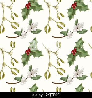 Camicia natalizia, neve e acquerello holly senza cuciture su bianco. Illustrazione disegnata a mano per i progetti di Capodanno e delle vacanze invernali in stile realistico. Foto Stock