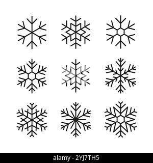 Set di icone dei fiocchi di neve, contorno nero su sfondo bianco. Illustrazione Vettoriale