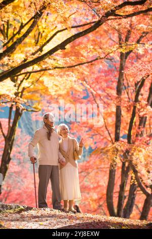 Coppia senior che si diverte a sbirciare le foglie d'autunno Foto Stock