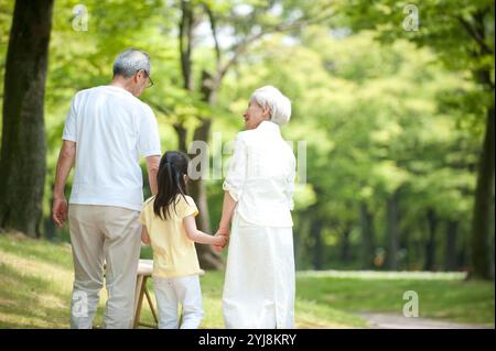 Una coppia anziana che cammina con i nipoti nel parco Foto Stock