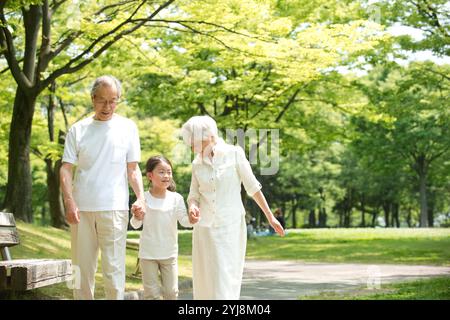 Coppia di anziani e nipoti che camminano nel parco Foto Stock