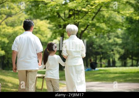 La coppia senior e i nipoti camminano nel parco Vista posteriore Foto Stock