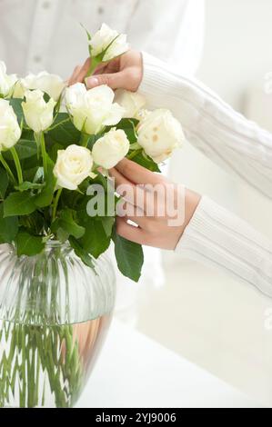 La mano di una donna che tiene un fiore bianco in un vaso Foto Stock