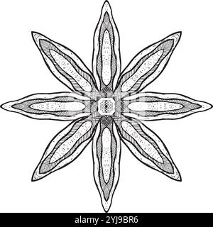 Un motivo a stella splendidamente dettagliato, perfetto per vari scopi decorativi e progetti artistici creativi. Grafica vettoriale in bianco e nero disegnata a mano per la progettazione di siti web, articoli, opuscoli, volantini, e-pack, etichetta o pubblicità. Illustrazione Vettoriale