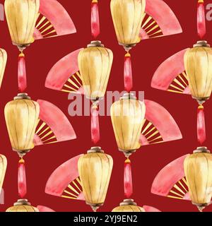 Luci cinesi festive di primavera con motivo ventaglio rosso senza cuciture su rosso . Acquerello, sfondo invernale stagionale con simboli tradizionali Asain per un regalo nuovo Foto Stock