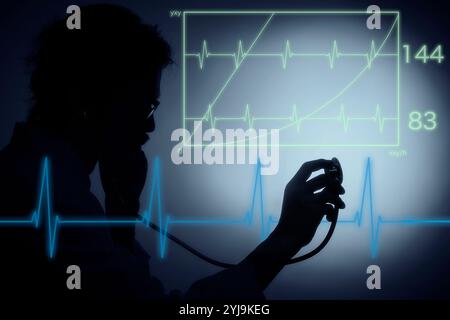 Ombra del medico di sesso maschile che indica lo stetoscopio e l'ECG Foto Stock