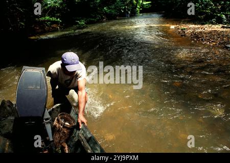 Un automobilista che spinge la barca a muoversi in acque poco profonde nel fiume, attraverso una foresta abituale a Kapuas Hulu, Kalimantan Occidentale, Indonesia. Foto Stock