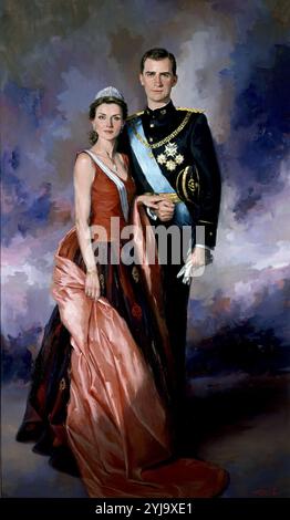 RETRATO DE LOS PRINCIPES DE ASTURIAS - 2008. Autore: RICARDO SANZ 1957/. Luogo: RITIRO PRIVATO. MADRID. SPAGNA. FELIPE DE BORBÓN Y GRECIA. LETIZIA ORTIZ ROCASOLANO (1972-) CONSORTE REINA. FELIPE DE BORBON 1968 / FELIPE VI Foto Stock