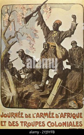 La seconda guerra mondiale (1914-1918). Poster.'Day dell'esercito africano e truppe coloniali' da Lucien Hector Jonas (1880-1947). Parigi. La Francia. Foto Stock