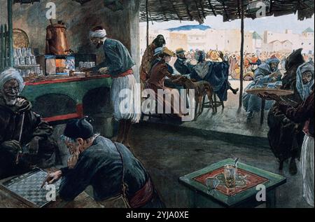 Interno di un cafe'. Tangeri, 1903. Il Marocco. Incisione a colori. Foto Stock