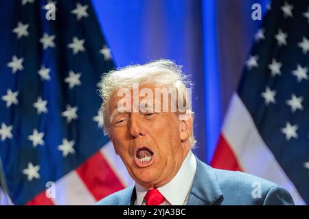 Washington, Vereinigte Staaten. 13 novembre 2024. Il presidente eletto degli Stati Uniti Donald Trump gesta mentre partecipa a un incontro con i repubblicani all'Hyatt Regency Hotel di Washington, DC, il 13 novembre 2024. Credito: Allison Robbert/Pool tramite CNP/dpa/Alamy Live News Foto Stock