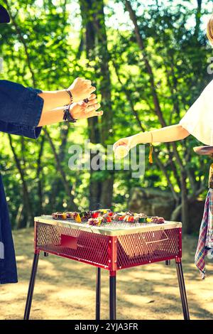 Due donne grigliano gli alimenti su un piano cottura per barbecue Foto Stock