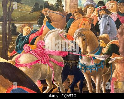 Adorazione dei Magi di Sandro Botticelli. Dettaglio cavalli. Al museo National Gallery of Art di Washington DC. Foto Stock
