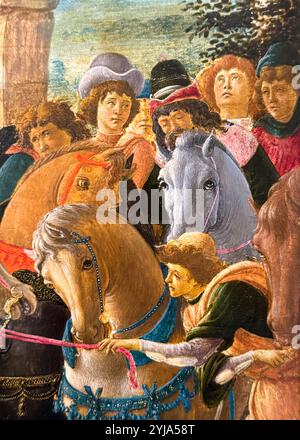 Adorazione dei Magi di Sandro Botticelli. Dettaglio cavalli. Al museo National Gallery of Art di Washington DC. Foto Stock