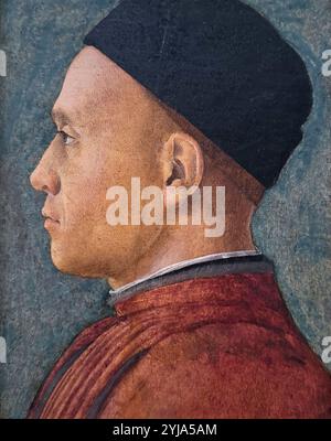 Ritratto di un uomo di Andrea Mantegna. Profilo in posa con tappo nero. Al museo National Gallery of Art di Washington DC. Foto Stock