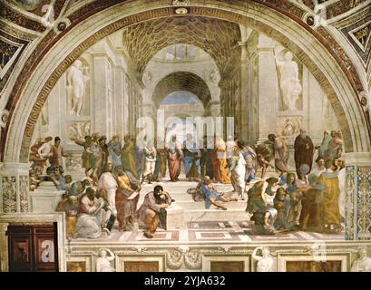 Raffaello / "la scuola di Atene", 1510 circa, affresco. MUSEO: MUSEI VATICANI, ROMA, ITALIA. PLATONE. Aristotele. Foto Stock