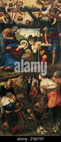 Tintoretto / "l'Adorazione dei Pastori", 1583, olio su tela, 432 x 186 cm. Museo: Real Monasterio de San Lorenzo de El Escorial, MADRID, SPAGNA. SAN GIUSEPPE. GESÙ. BAMBINO GESÙ. VERGINE MARIA. Foto Stock