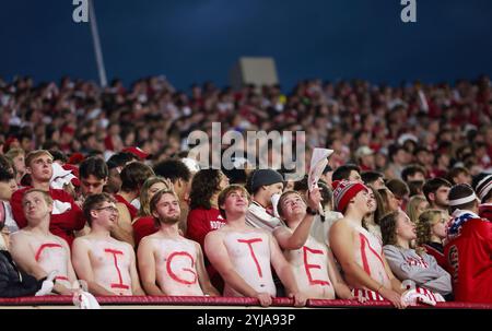 Bloomington, Stati Uniti. 9 novembre 2024. I tifosi dell'Indiana University scrivono, GIGTEN, mentre tifa contro il Michigan durante una partita di football NCAA a Bloomington, Ind L'Indiana ha battuto il Michigan 20-15. Credito: SOPA Images Limited/Alamy Live News Foto Stock