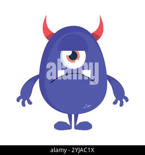 Simpatico mostro dei cartoni animati con un occhio e le corna. Divertente ciclope scontroso creatura in stile infantile. Illustrazione vettoriale Illustrazione Vettoriale