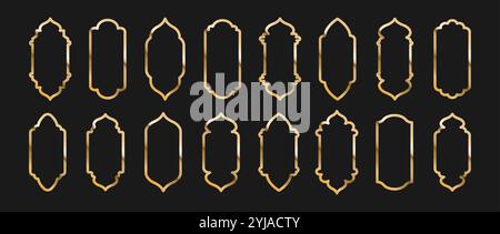 Set di finestre islamiche Shape (forma). Cornici musulmane dorate isolate su sfondo scuro. Collezione di archi in stile orientale. Illustrazione del vettore piatto Illustrazione Vettoriale