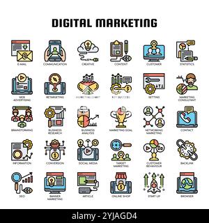 Icone di Digital Marketing Thin Line Illustrazione Vettoriale