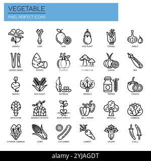 Set di icone di verdure sottili in bianco e nero Illustrazione Vettoriale