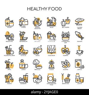 Icone monocromatiche linea sottile per alimenti sani Illustrazione Vettoriale