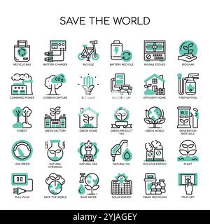 Salva le icone monocromatiche World Thin Line Illustrazione Vettoriale