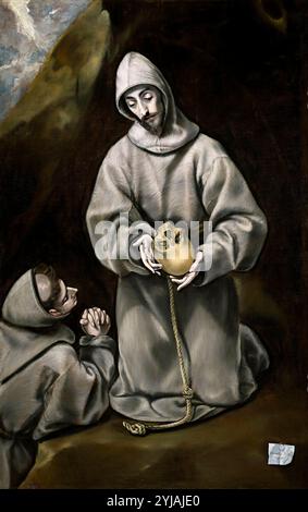 El Greco (e laboratorio) / "San Francesco d'Assisi e frate Leone meditando sulla morte", 1600-1614, Scuola spagnola, olio su tela, 160 cm x 103 cm, P00819. MUSEO: MUSEO DEL PRADO, MADRID, SPAGNA. Foto Stock