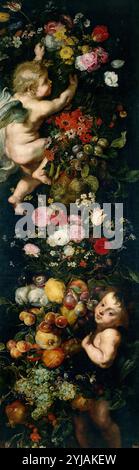 Pedro Pablo Rubens (laboratorio di); Jan Brueghel "el Viejo"; Frans Snyders / "Festón de flores y frutas y Angelotes", ca. 1620, scuola fiamminga, olio su tela, 177 cm x 57 cm, P01420. MUSEO: MUSEO DEL PRADO, MADRID, SPAGNA. Foto Stock